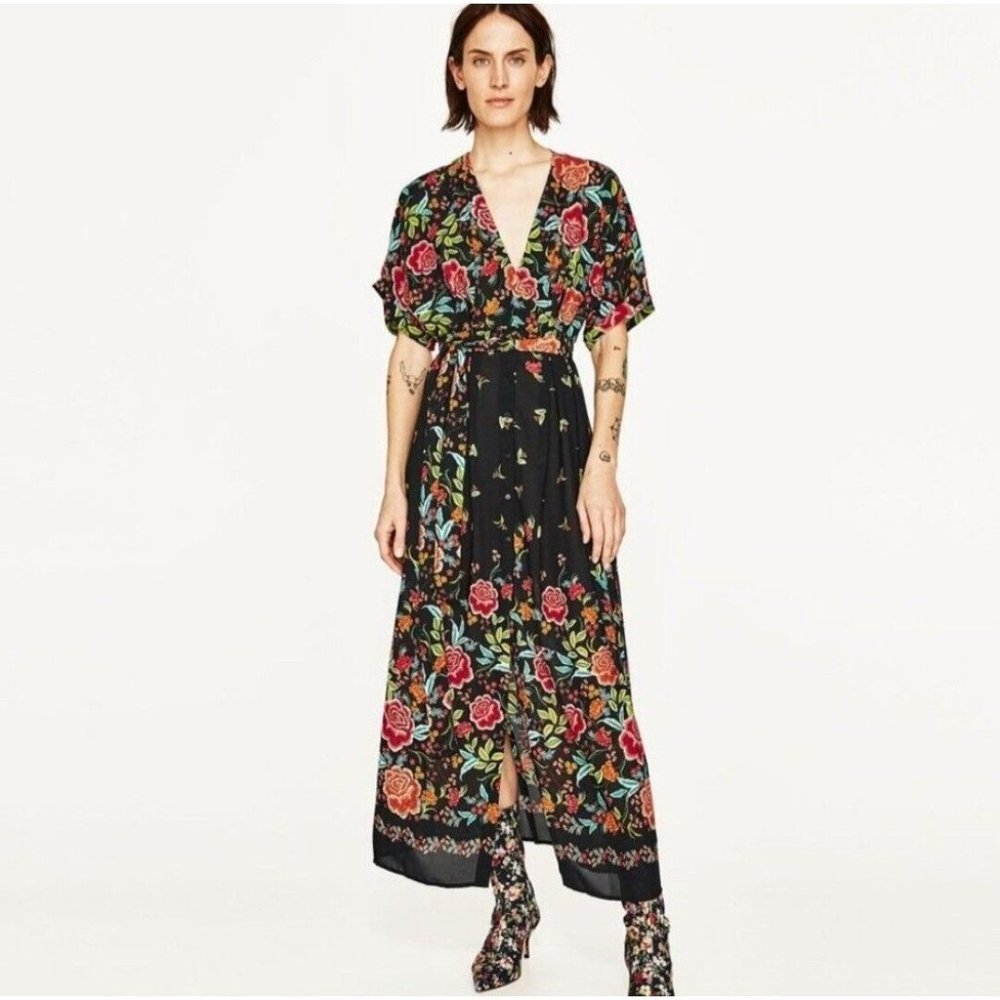 Zara Floral Full Button Full Length Maxi Women Medium Sarong Dress